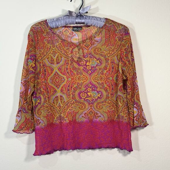 NY & Co Women Sheer Blouse Sz S/M Paisley Retro Y2K Mesh Top Party Boho Chic - Picture 1 of 5